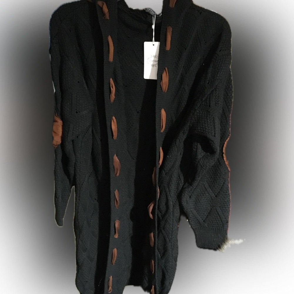 Camisa Long Sweater Coat Hooded XXL Woven Ribbon Accent